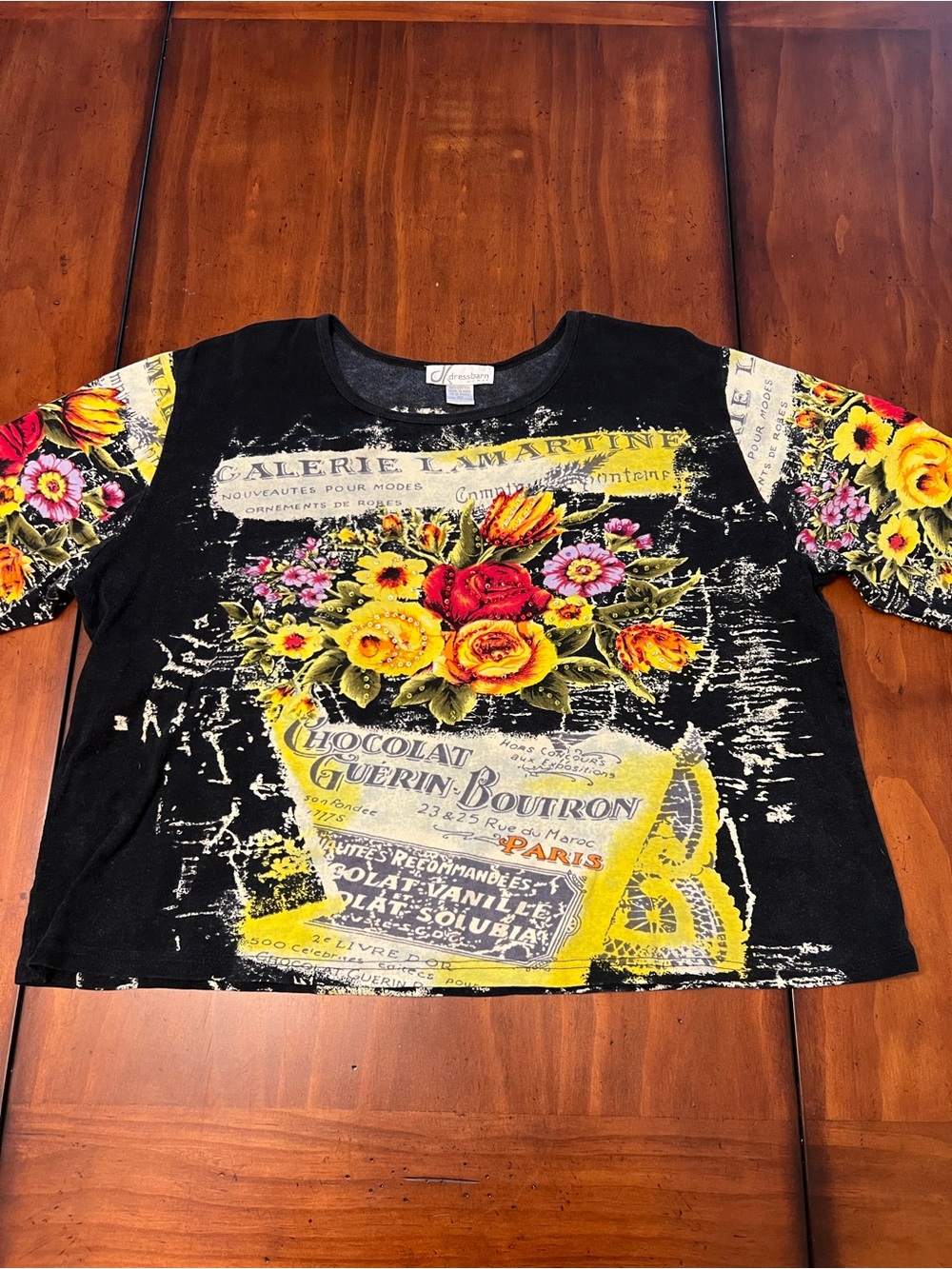 Dress Barn Black 3/4 Length Sleeve Tee with Yellow and Red Floral Graphic